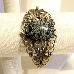 OBSIDIAN SNOWFLAKE* CUFF BRACELET* ANTIQUED BRASS*HAND CRAFTED*